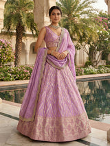 Lilac purple zari embroidered dola silk lehenga choli