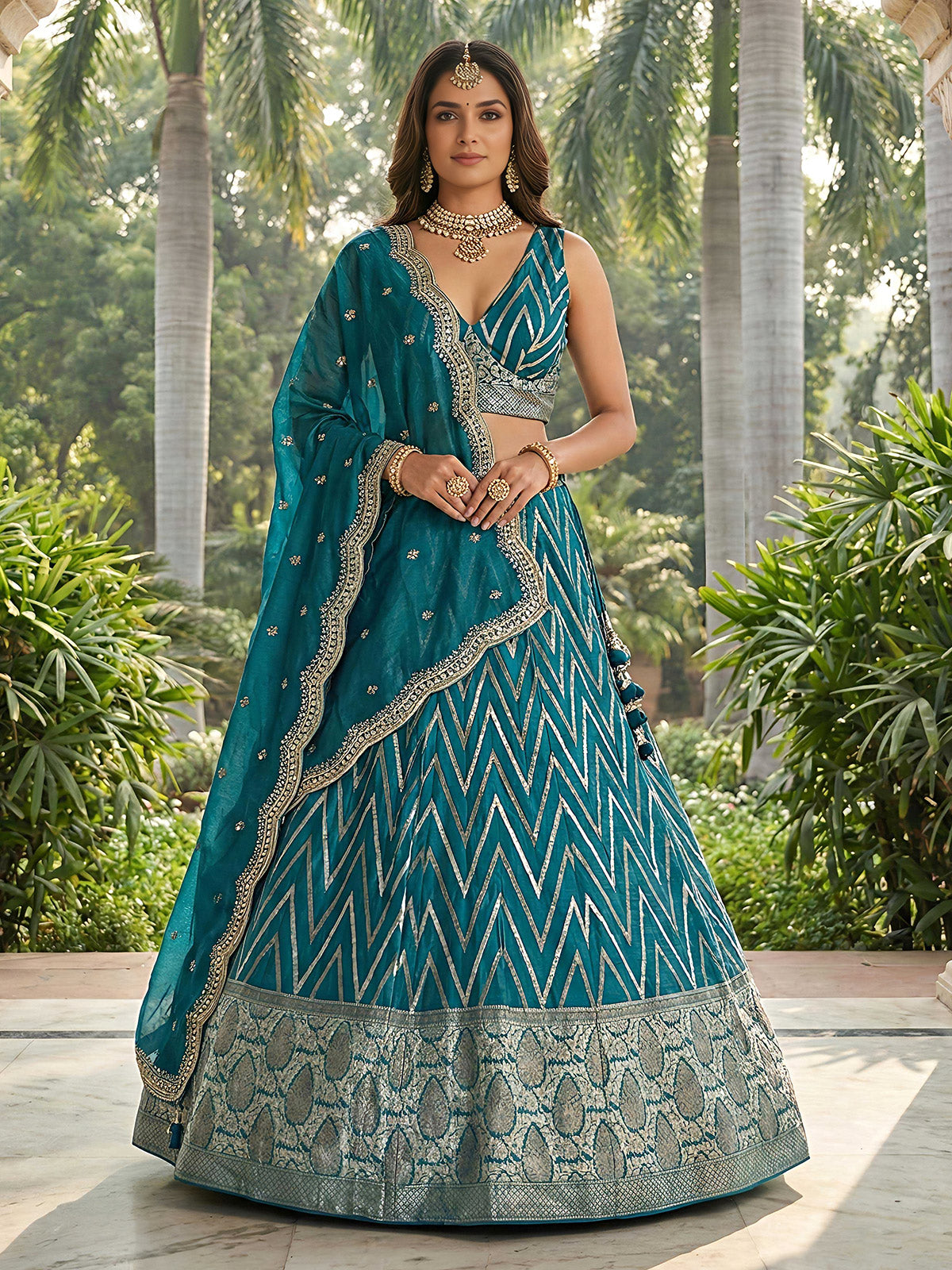 Aqua blue embroidered silk lehenga choli with dupatta