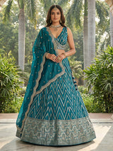 Aqua blue embroidered silk lehenga choli with dupatta