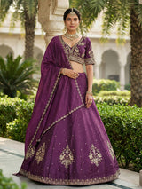 Purple designer slub silk lehenga choli with dupatta