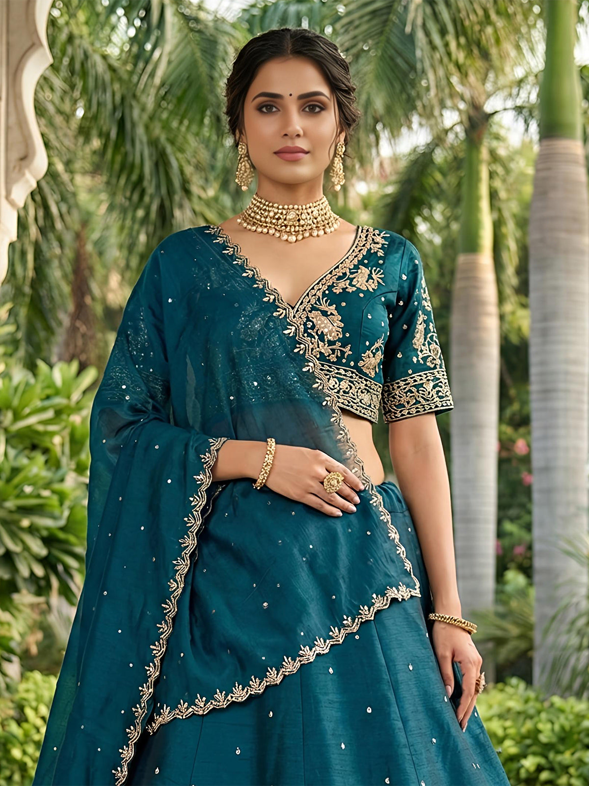 Peacock green embroidered slub silk lehenga choli