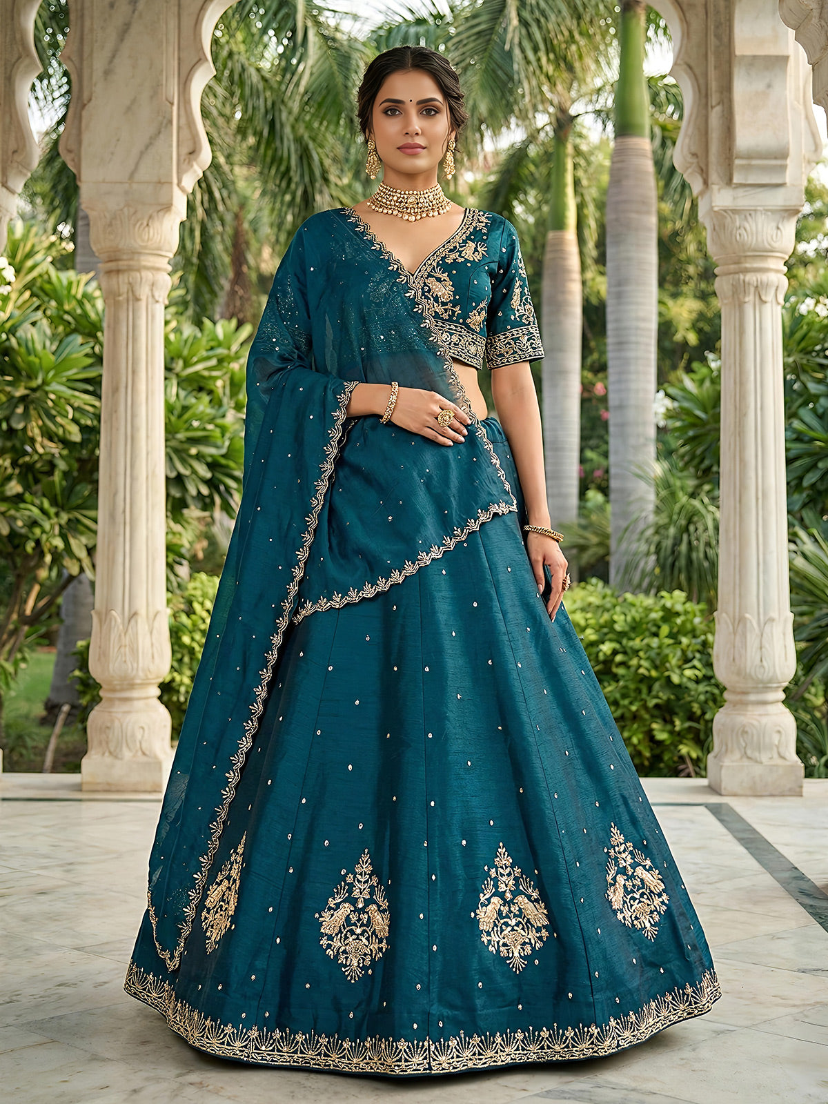 Peacock green embroidered slub silk lehenga choli