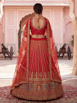 Red designer bridal silk unstitched lehenga choli ensemble