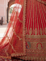 Red designer bridal silk unstitched lehenga choli ensemble