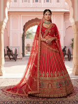 Red designer bridal silk unstitched lehenga choli ensemble