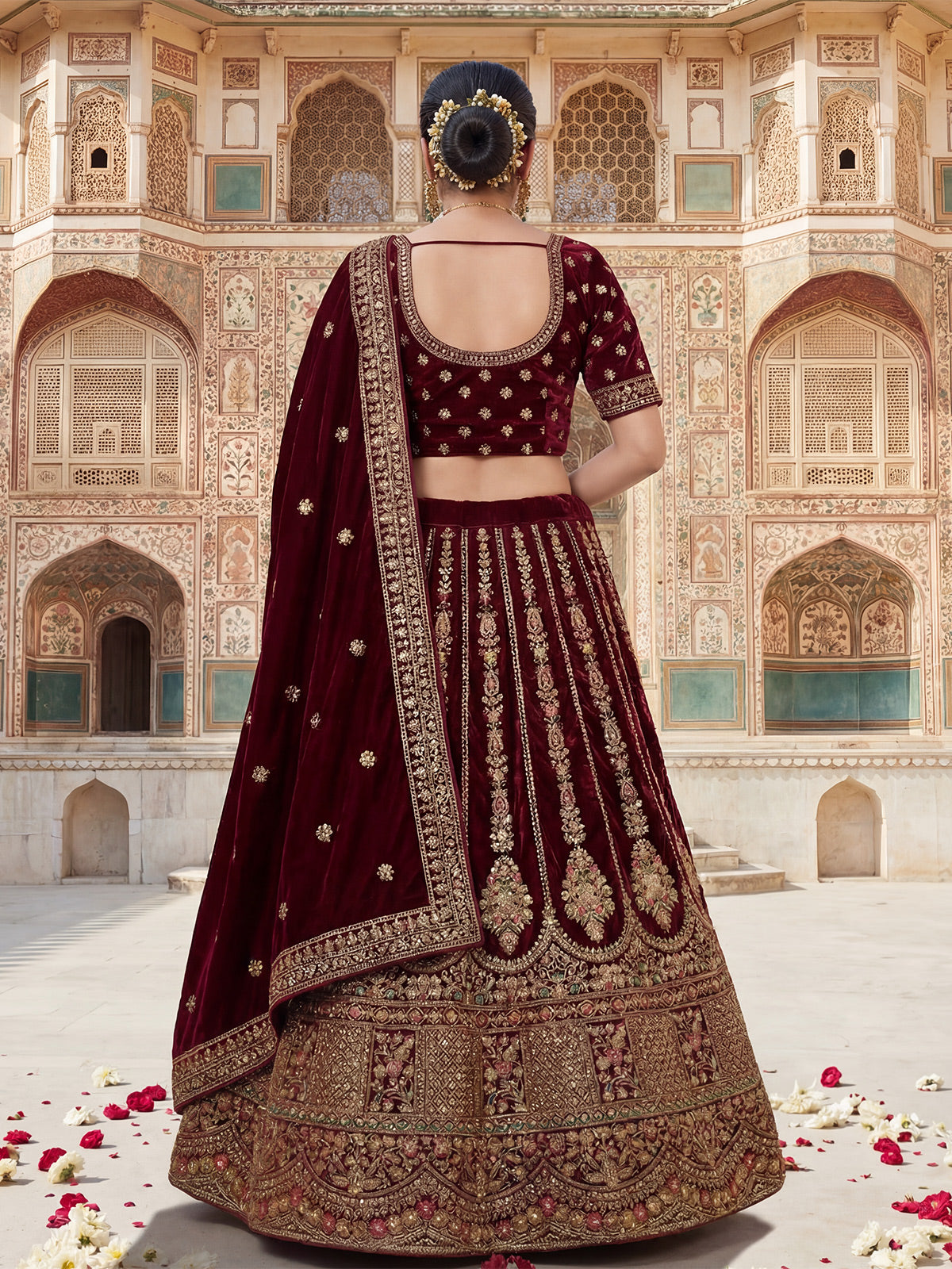 Dark maroon velvet bridal lehenga choli with double dupatta