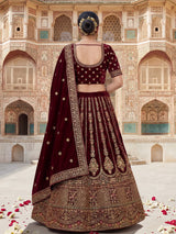 Dark maroon velvet bridal lehenga choli with double dupatta