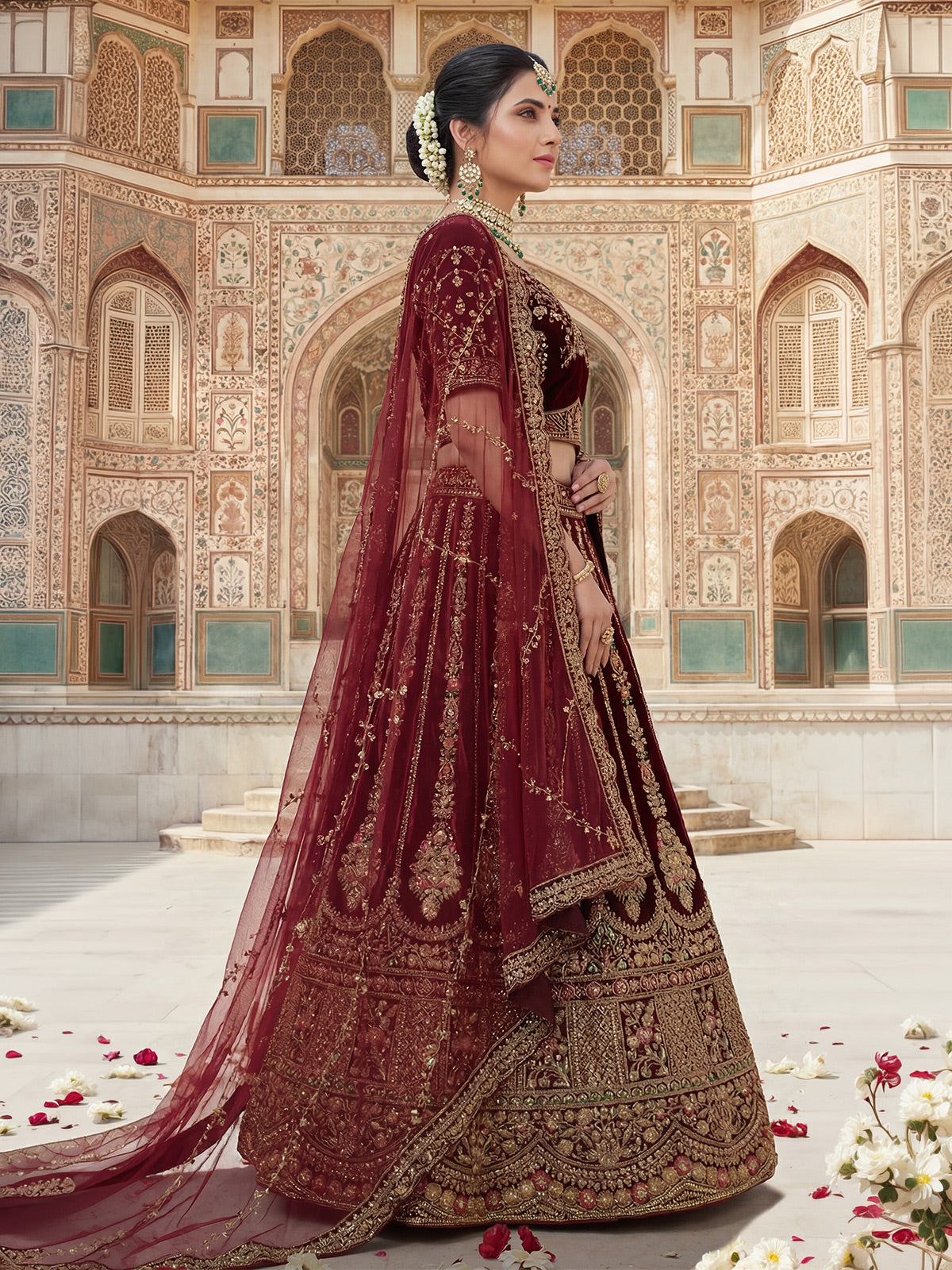 Dark maroon velvet bridal lehenga choli with double dupatta