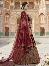Dark maroon velvet bridal lehenga choli with double dupatta