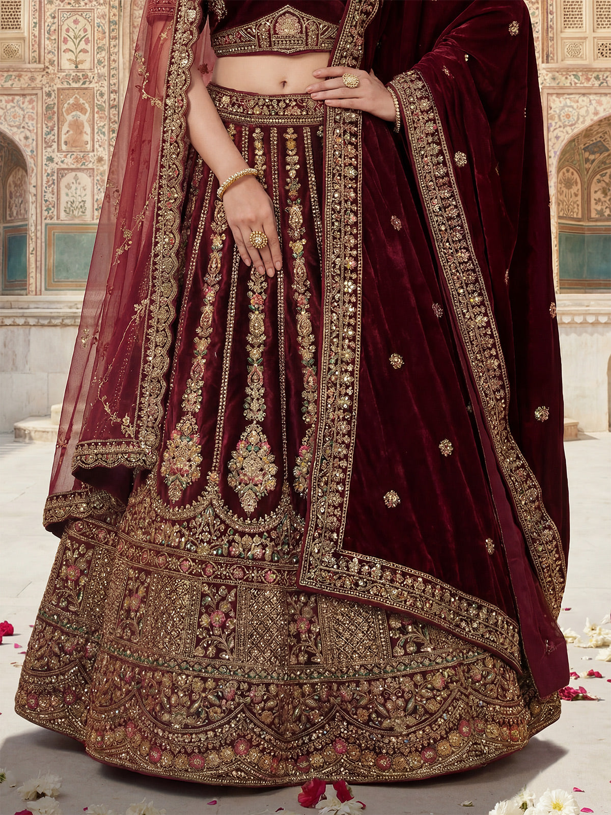 Dark maroon velvet bridal lehenga choli with double dupatta