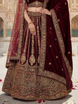 Dark maroon velvet bridal lehenga choli with double dupatta
