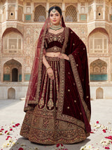 Dark maroon velvet bridal lehenga choli with double dupatta