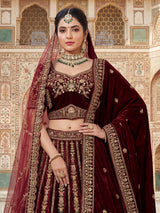 Dark maroon velvet bridal lehenga choli with double dupatta