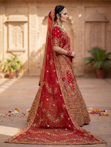 Red peacock embroidered bridal silk lehenga choli ensemble