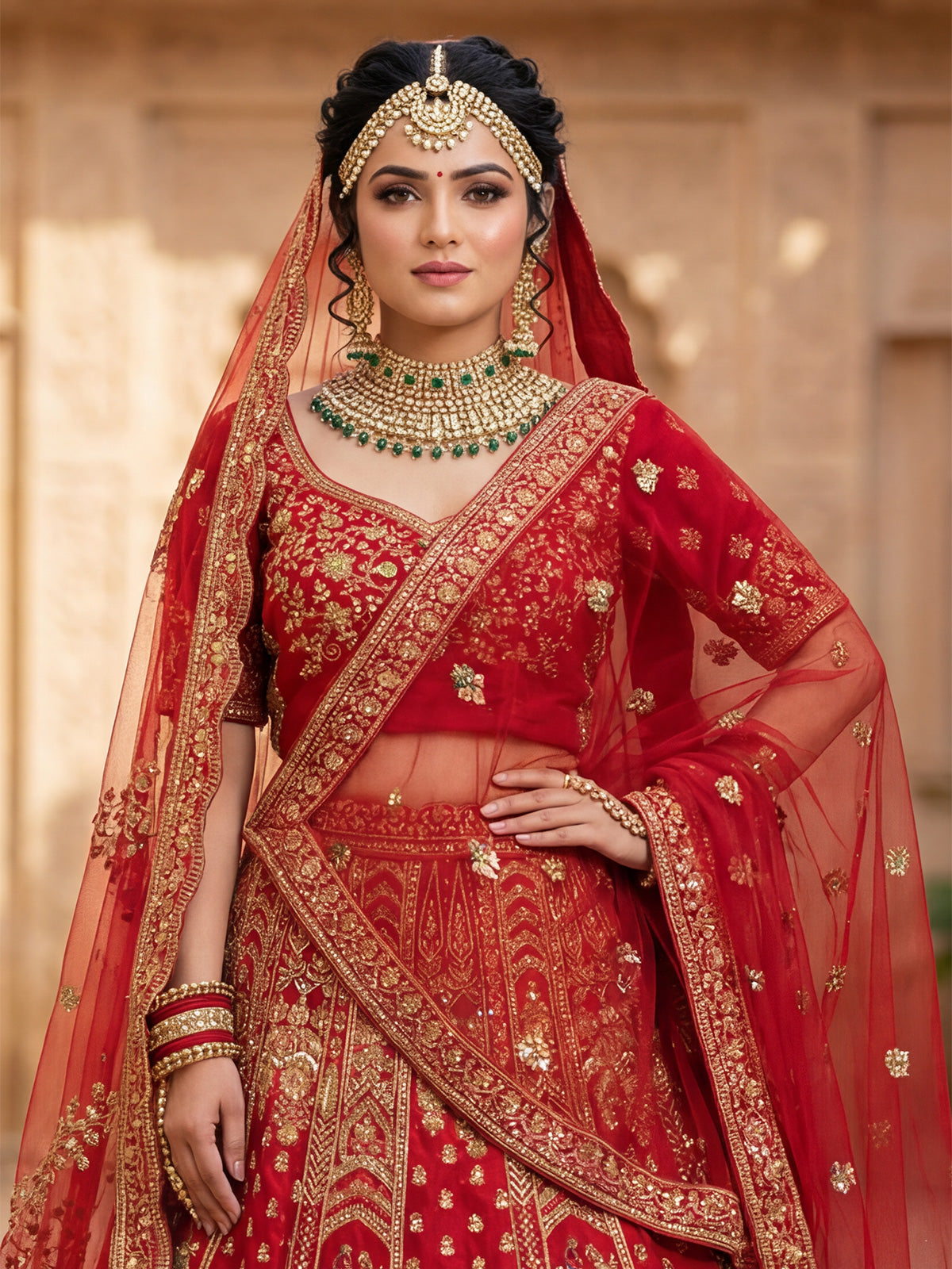 Red peacock embroidered bridal silk lehenga choli ensemble