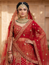 Red peacock embroidered bridal silk lehenga choli ensemble