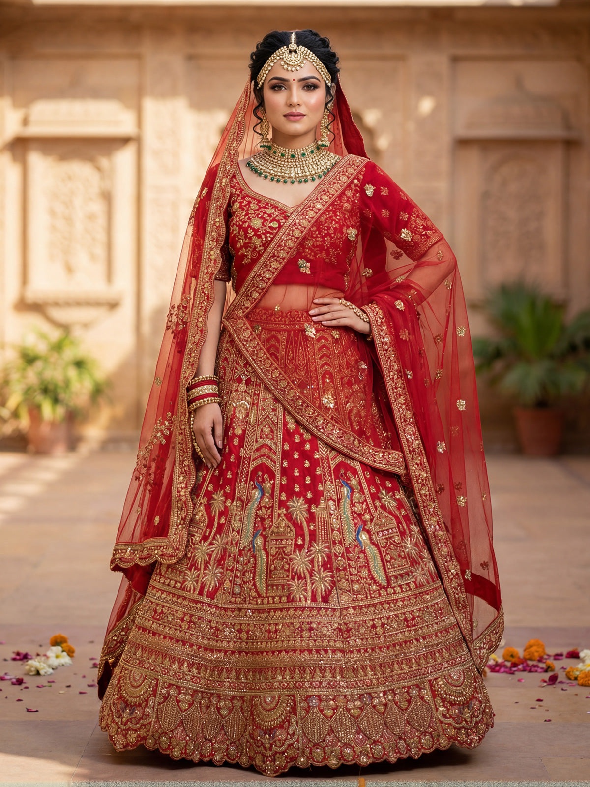 Red peacock embroidered bridal silk lehenga choli ensemble
