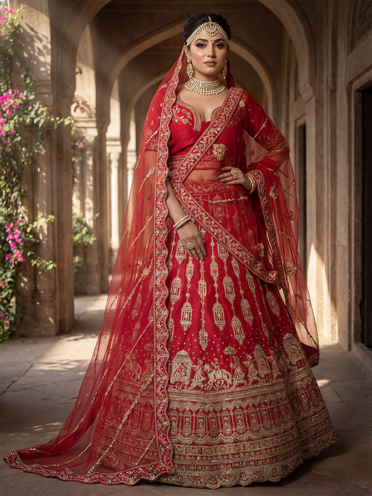 Red royal bridal silk lehenga choli with double dupatta