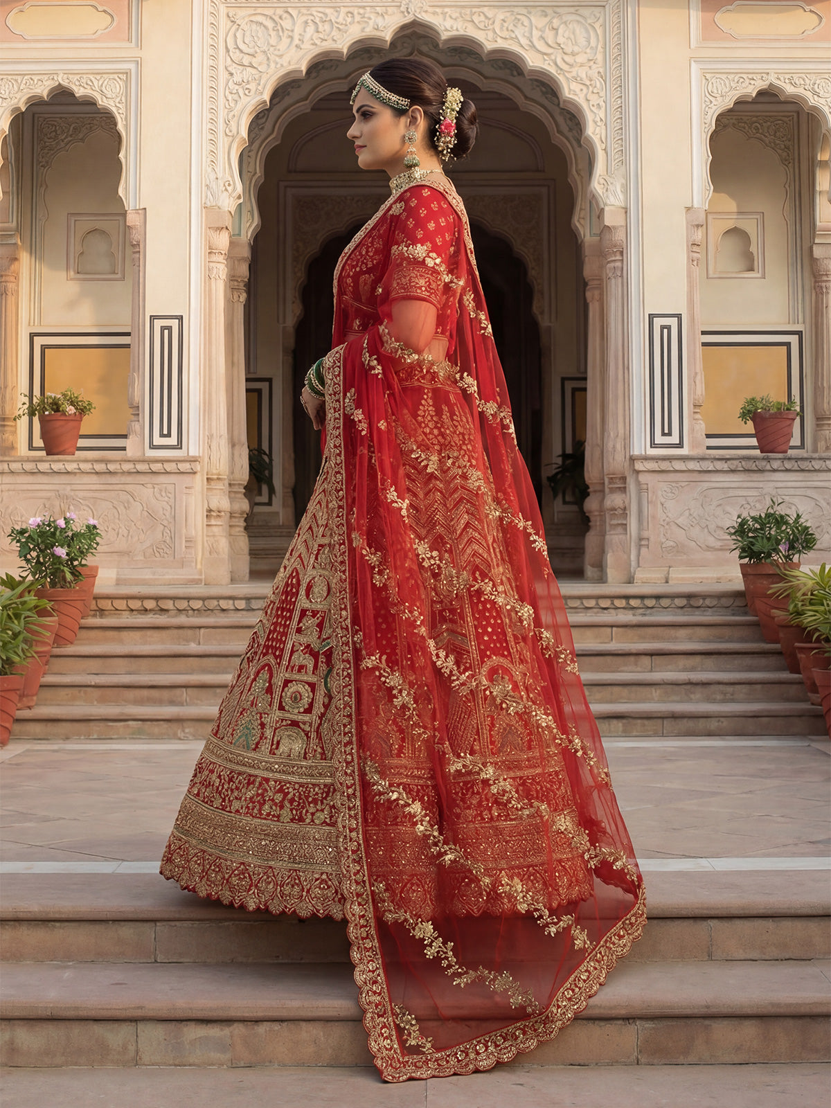 Red embroidered silk bridal unstitched lehenga choli
