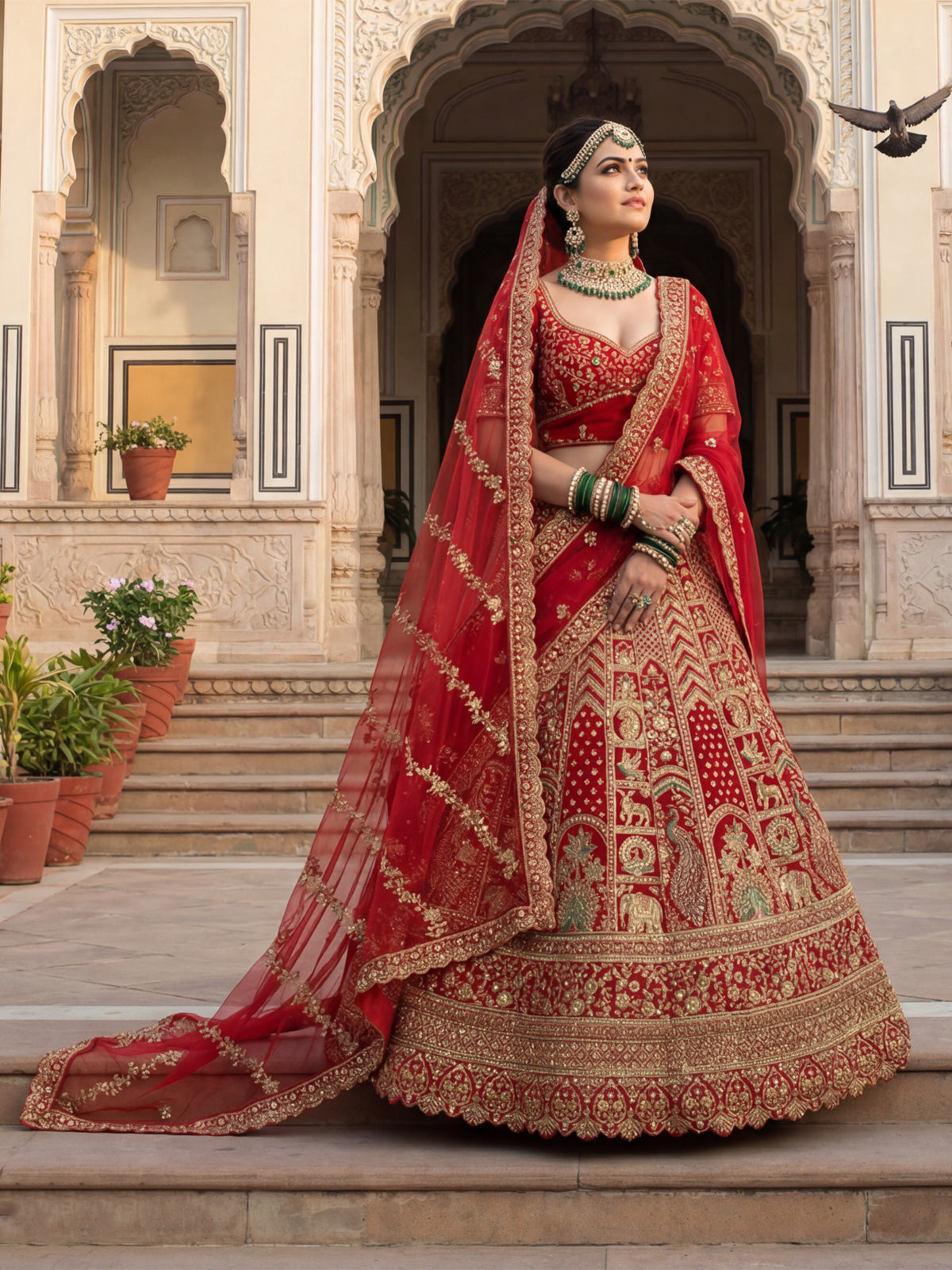 Red embroidered silk bridal unstitched lehenga choli