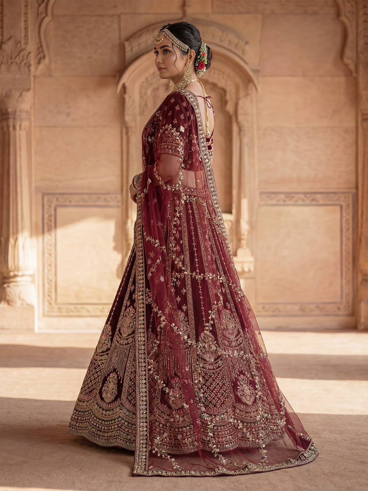 Maroon velvet bridal unstitched lehenga choli with double dupatta