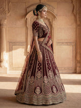 Maroon velvet bridal unstitched lehenga choli with double dupatta