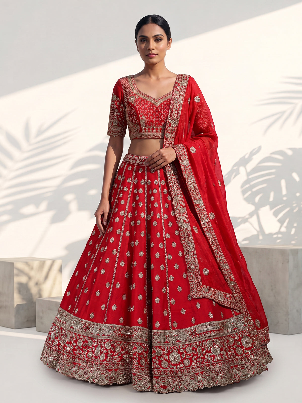 Red raw silk handcrafted bridal lehenga choli elegance