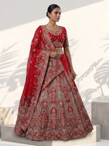 Red raw silk embroidered bridal lehenga choli set
