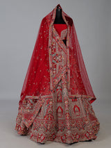 Red raw silk embroidered bridal lehenga choli set