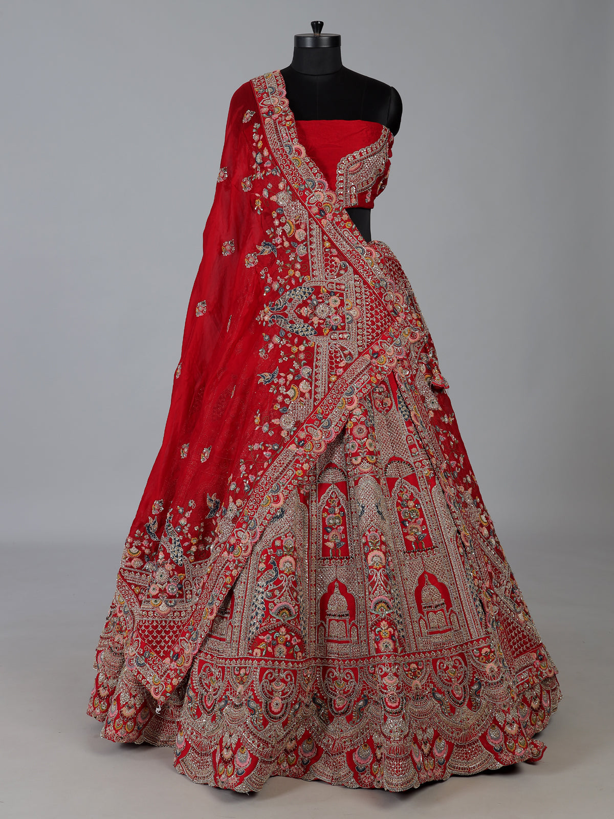 Red raw silk embroidered bridal lehenga choli set