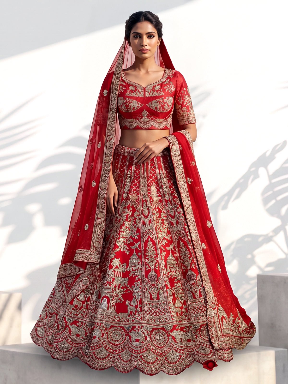Red raw silk bridal lehenga choli with zardosi