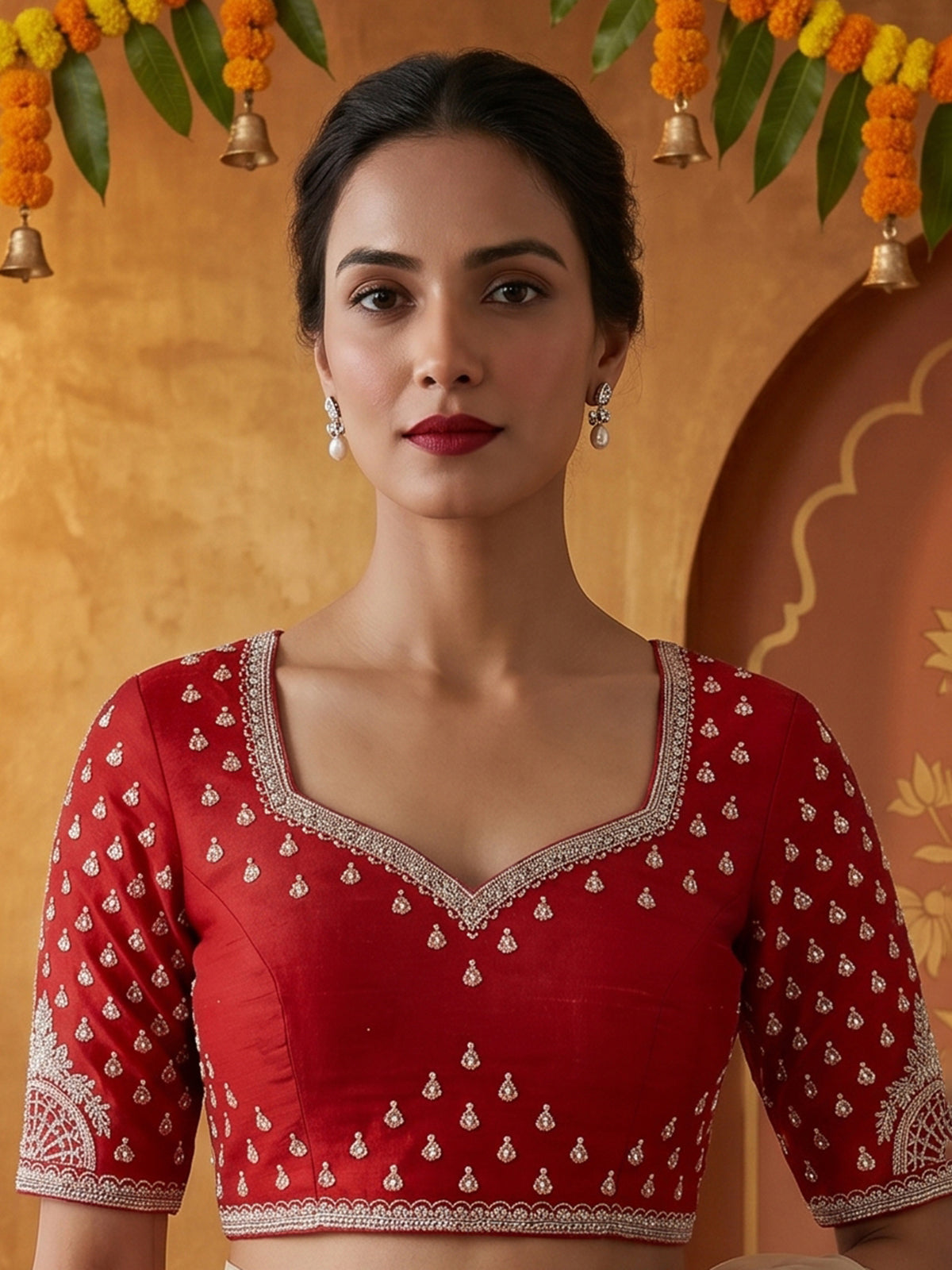 Red peacock embroidered silk lehenga choli with dupatta