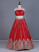 Red peacock embroidered silk lehenga choli with dupatta