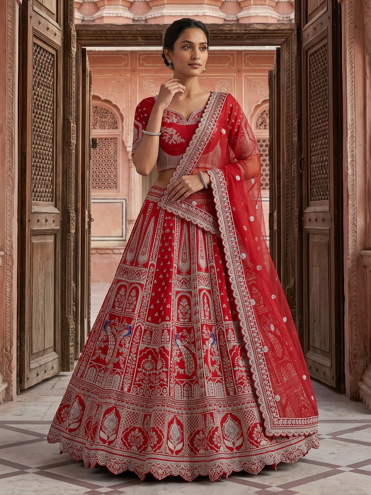 Red elegant banarasi silk lehenga choli with dupatta