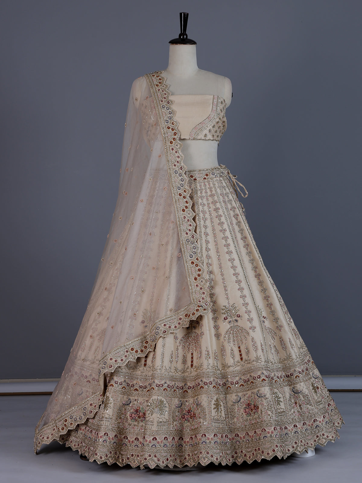 Beige designer tussar silk lehenga choli with dupatta