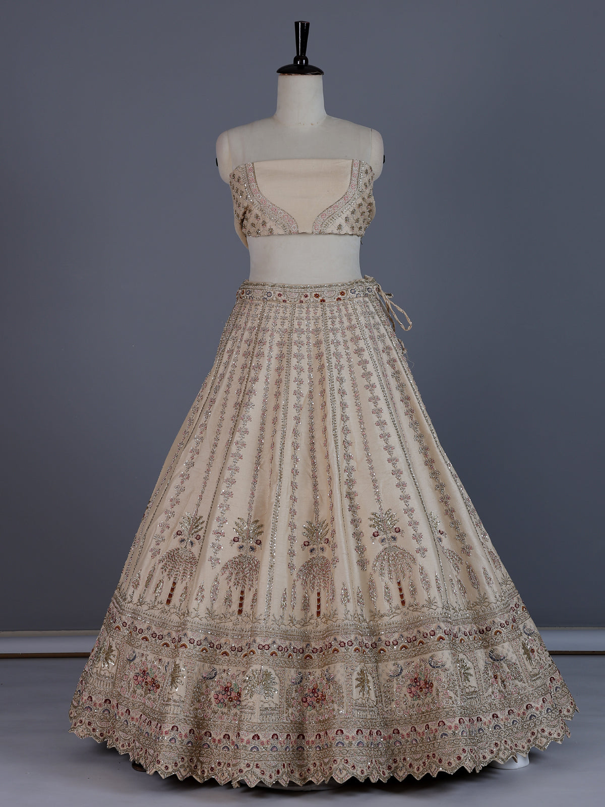 Beige designer tussar silk lehenga choli with dupatta