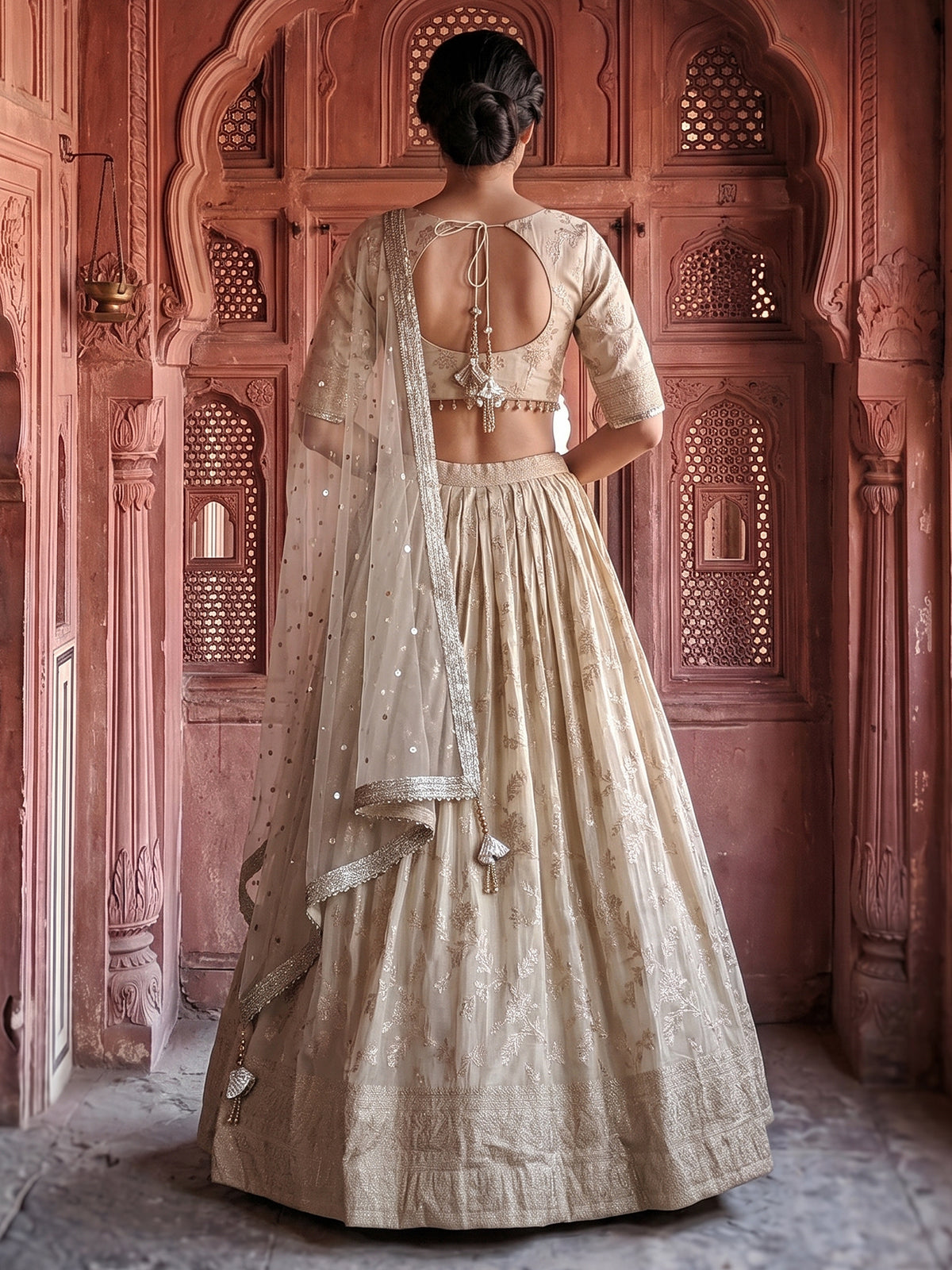 Beige embroidered chanderi silk lehenga choli