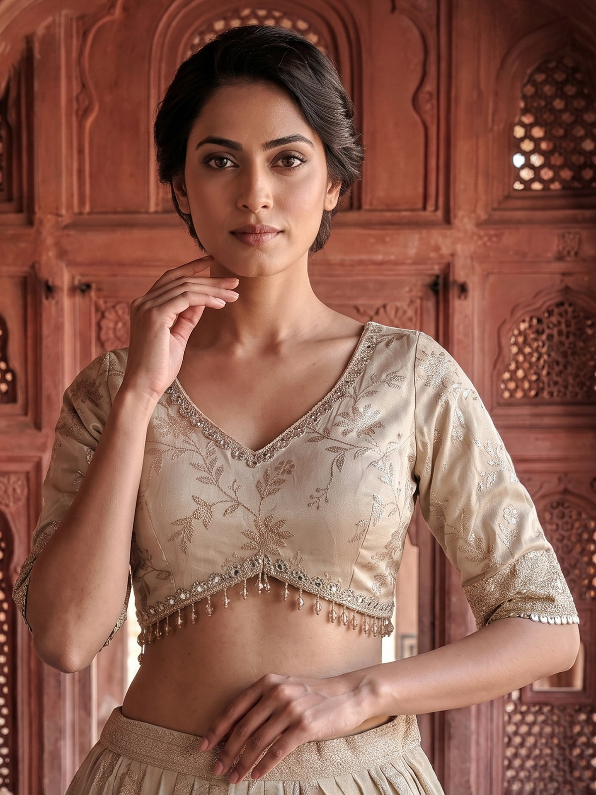 Beige embroidered chanderi silk lehenga choli
