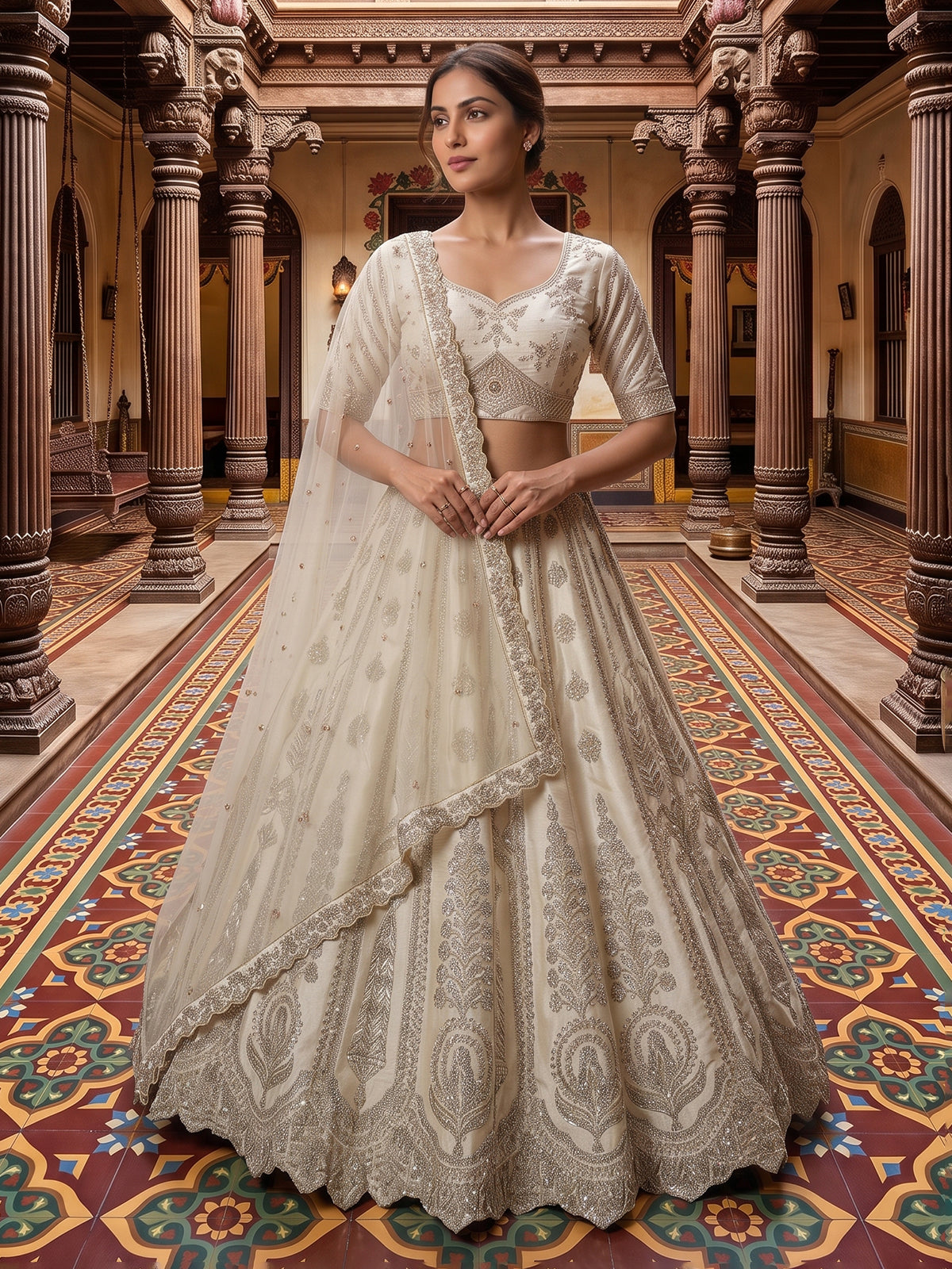 Ivory designer tussar silk bridal lehenga choli