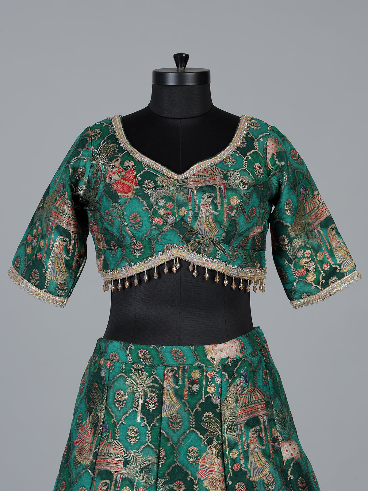 Green printed chanderi silk lehenga choli