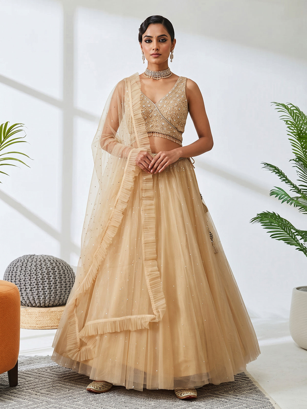Beige designer net embroidered lehenga choli