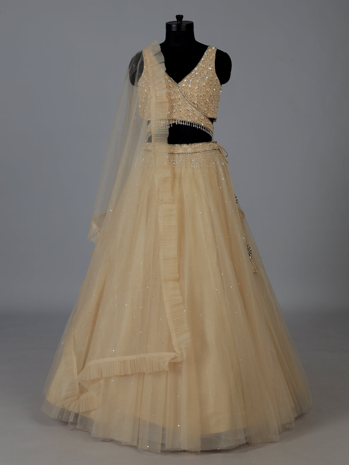 Beige designer net embroidered lehenga choli