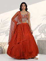 Rust orange embroidered georgette silk lehenga choli