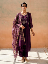 Wine georgette silk anarkali kurti set with dupatta