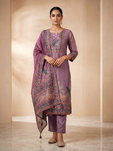 Purple printed cotton silk straight kurti set