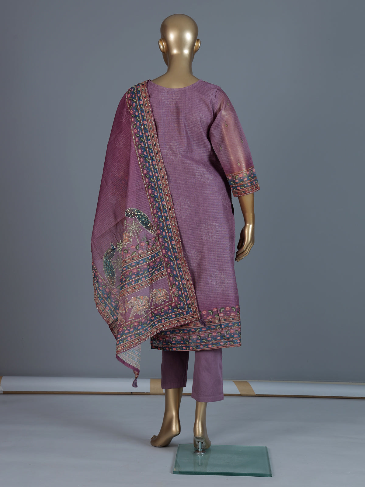 Purple printed cotton silk straight kurti set