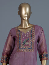 Purple printed cotton silk straight kurti set