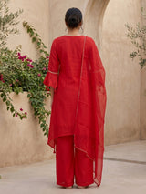 Red slub silk indo-western palazzo suit with dupatta