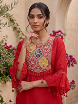 Red slub silk indo-western palazzo suit with dupatta