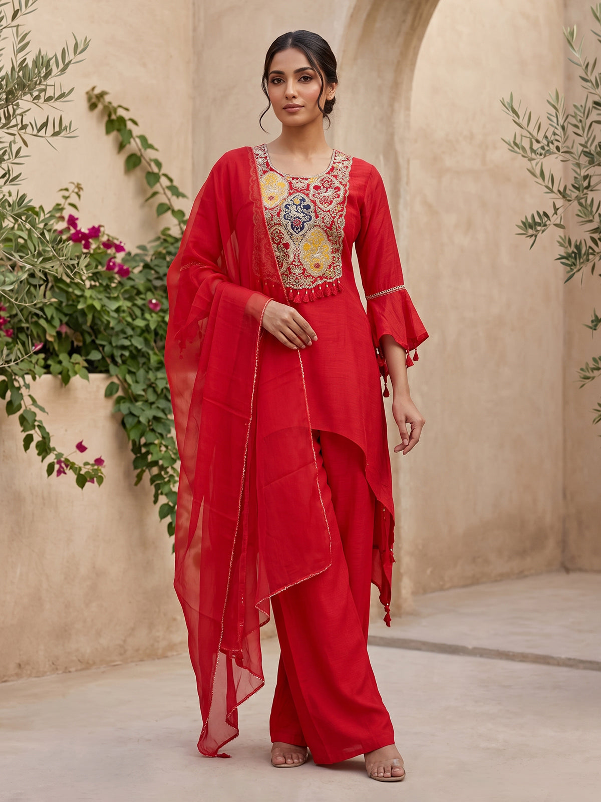Red slub silk indo-western palazzo suit with dupatta
